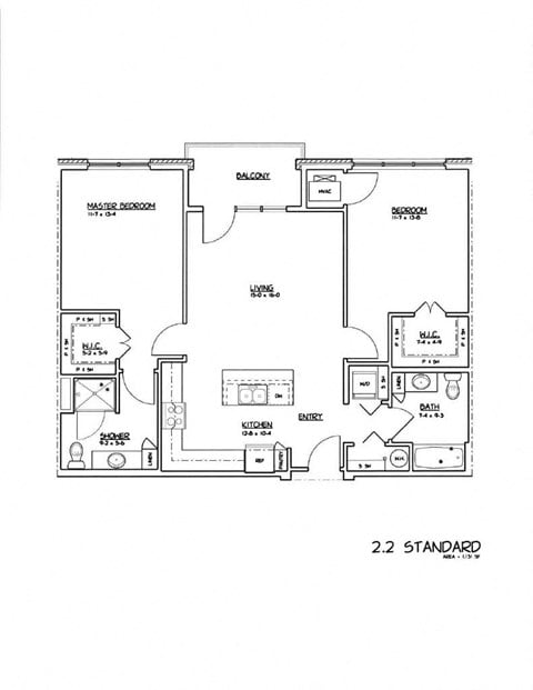 Floor plan for 2 beds, 2 baths, 1131 sqft